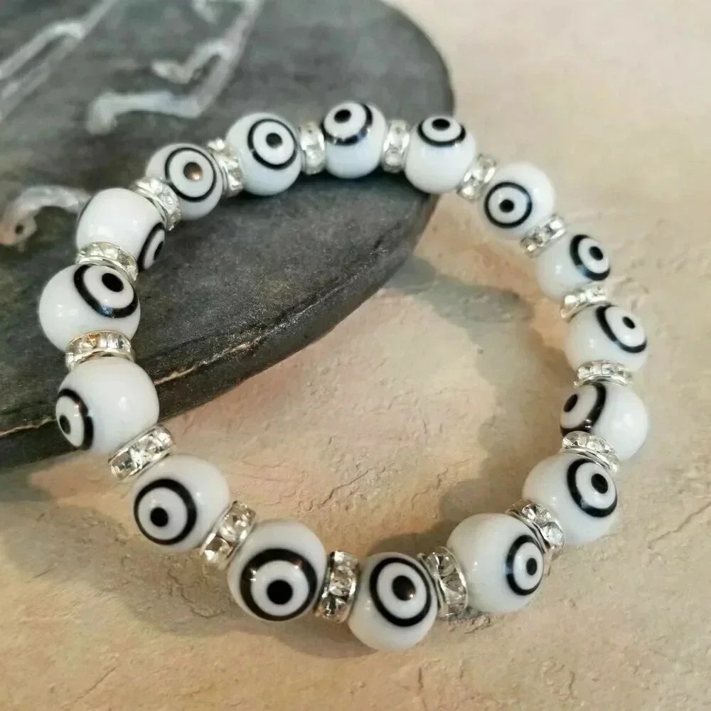 White Black Turkish Evil Eye Glass & Egyptian Crystal Talisman Bracelet